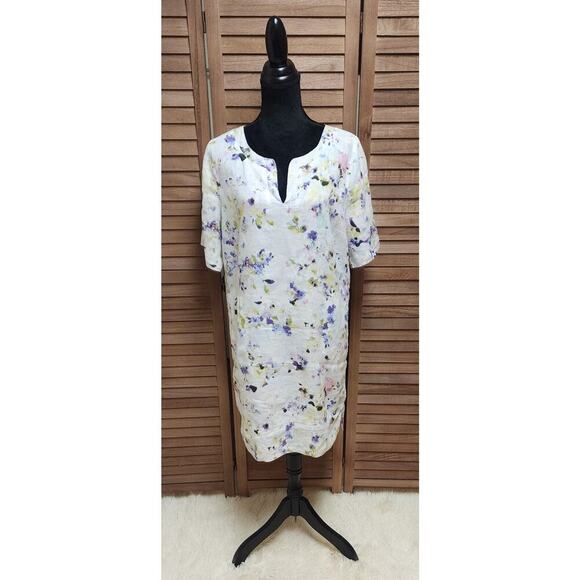 J. Jill Love Linen Watercolor Floral Shift Dress Large Petite Coastal Casual - Picture 1 of 7